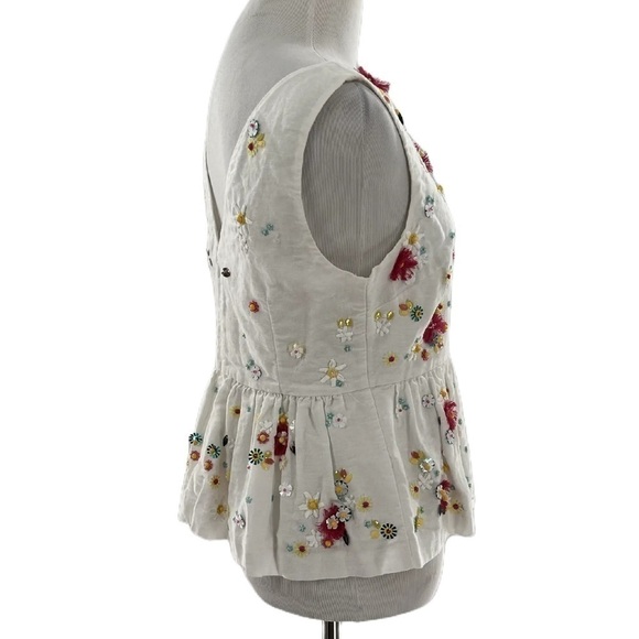 J crew womens top size 4P white 67% linen floral bedazzled embroidered peplum - Picture 5 of 15